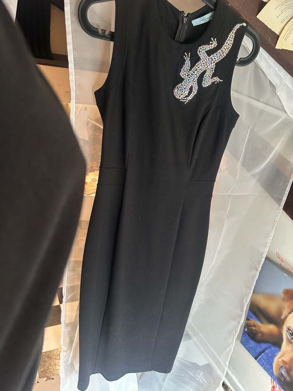 Blumarine Black Sleeveless Crystal Embellished Gecko Lizard Midi Sheath Dress